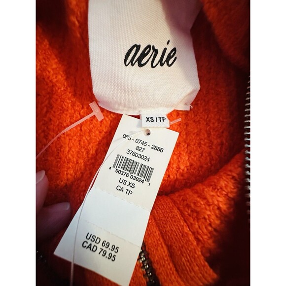 AERIE CozyUp Waffle Quarter Zip Collared Red Orange Sweater XS NWT DEFECT - Picture 5 of 10